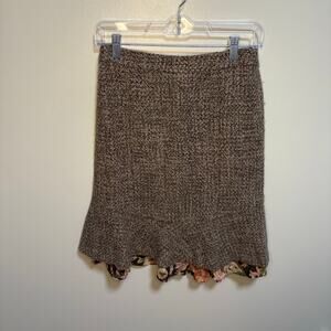 Ann Taylor Loft Brown Wool Blend Y2K Pink Floral Trim Multimedia Skirt SZ 0 Midi